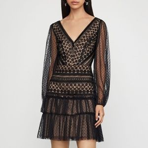 BCBGMAXAZRIA Black Circle Lace Geometric Swiss Dot Ruffle Cocktail Dress